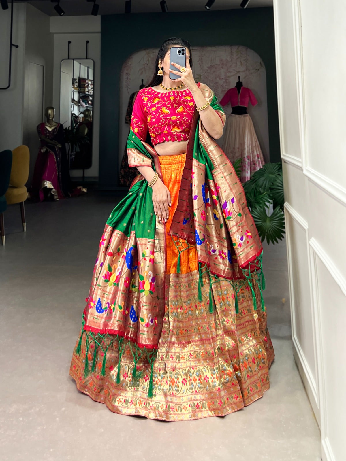 Orange jacquard lehenga choli with dupatta
