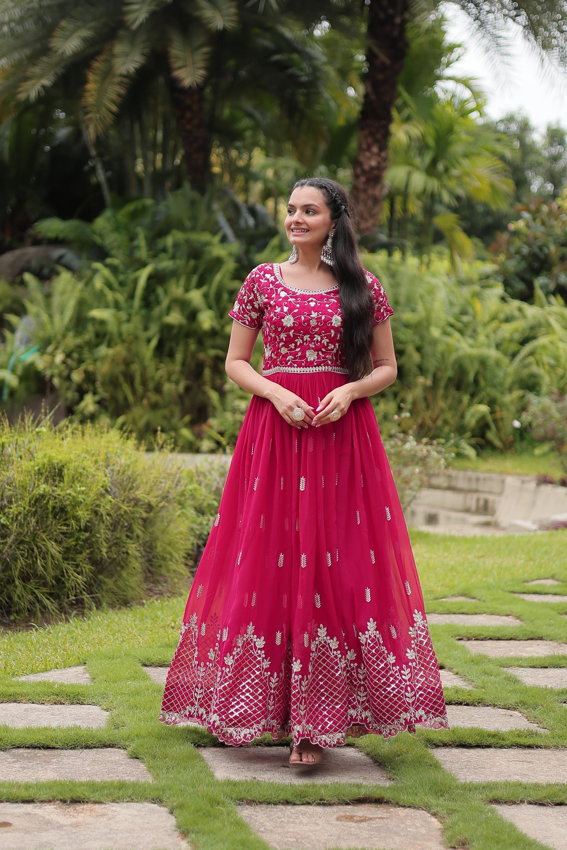 Pink color sequins work long gown