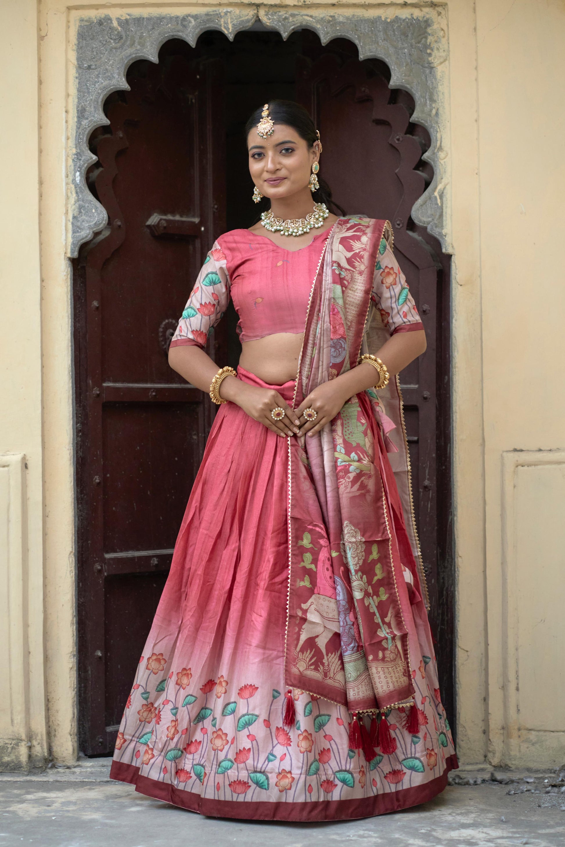 Peach color manipuri silk lehenga choli with dupatta price 