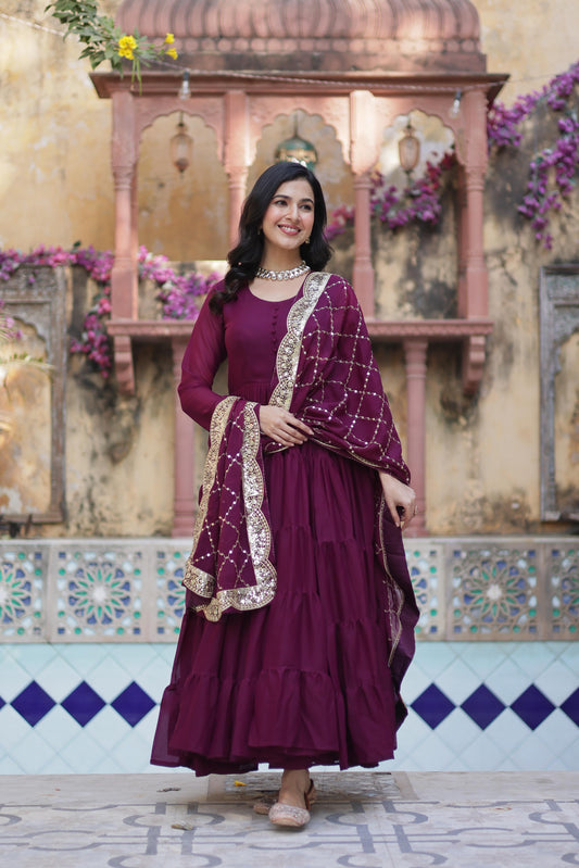 Wine color georgette long gown for women