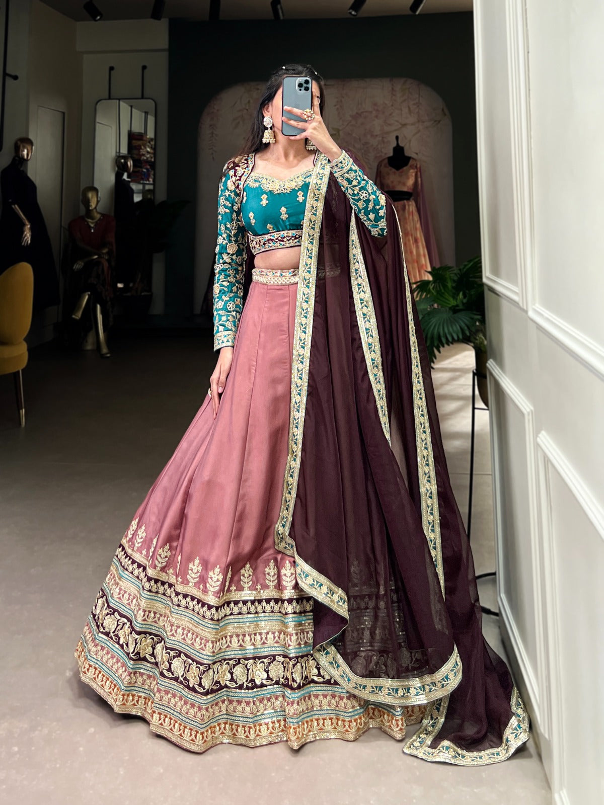Peach color moonga silk lehenga choli with dupatta price