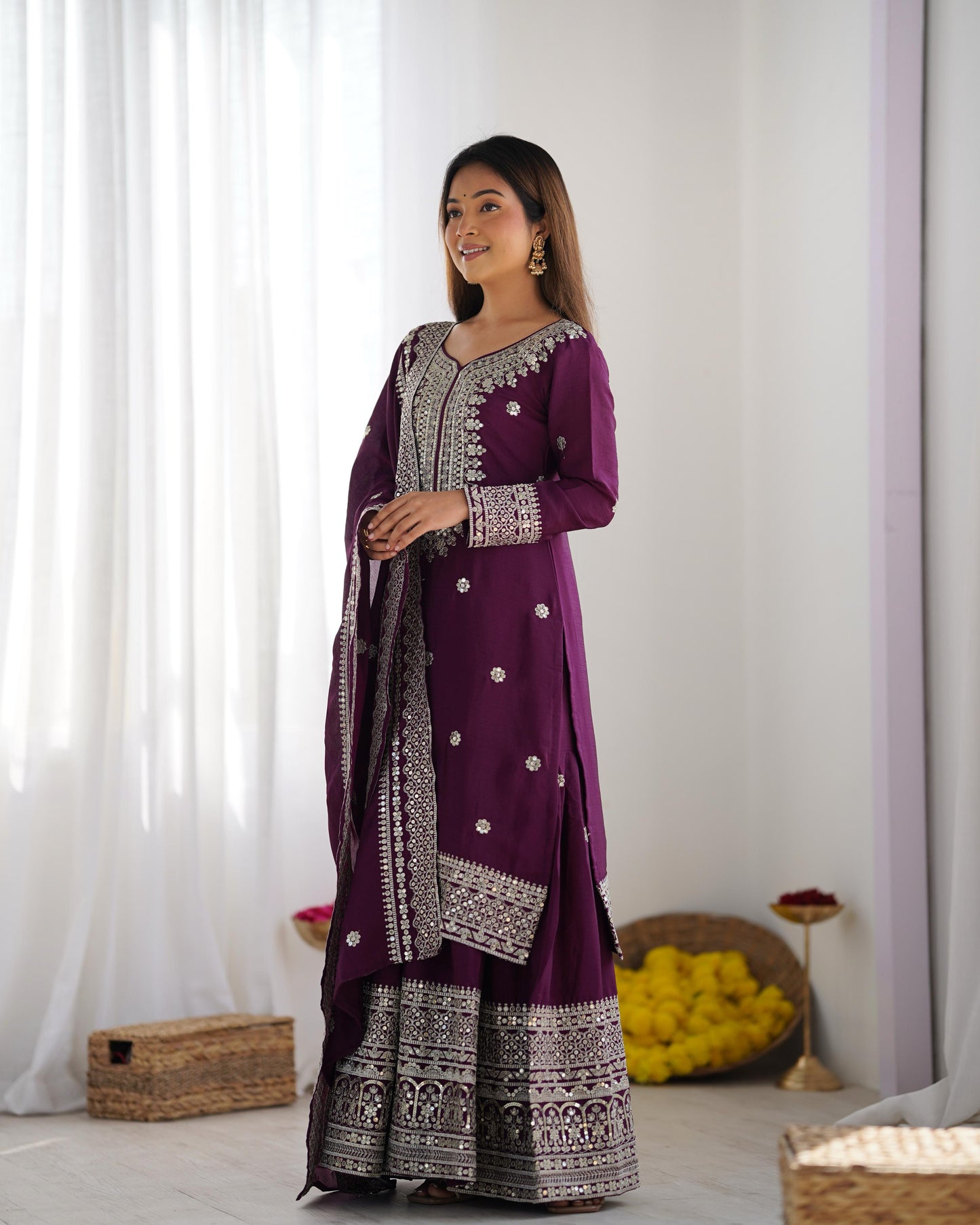 Purple color chinon silk sharara suit with dupatta images