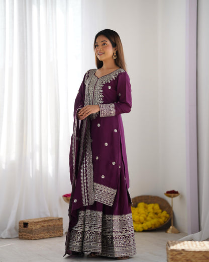 Purple color chinon silk sharara suit with dupatta images