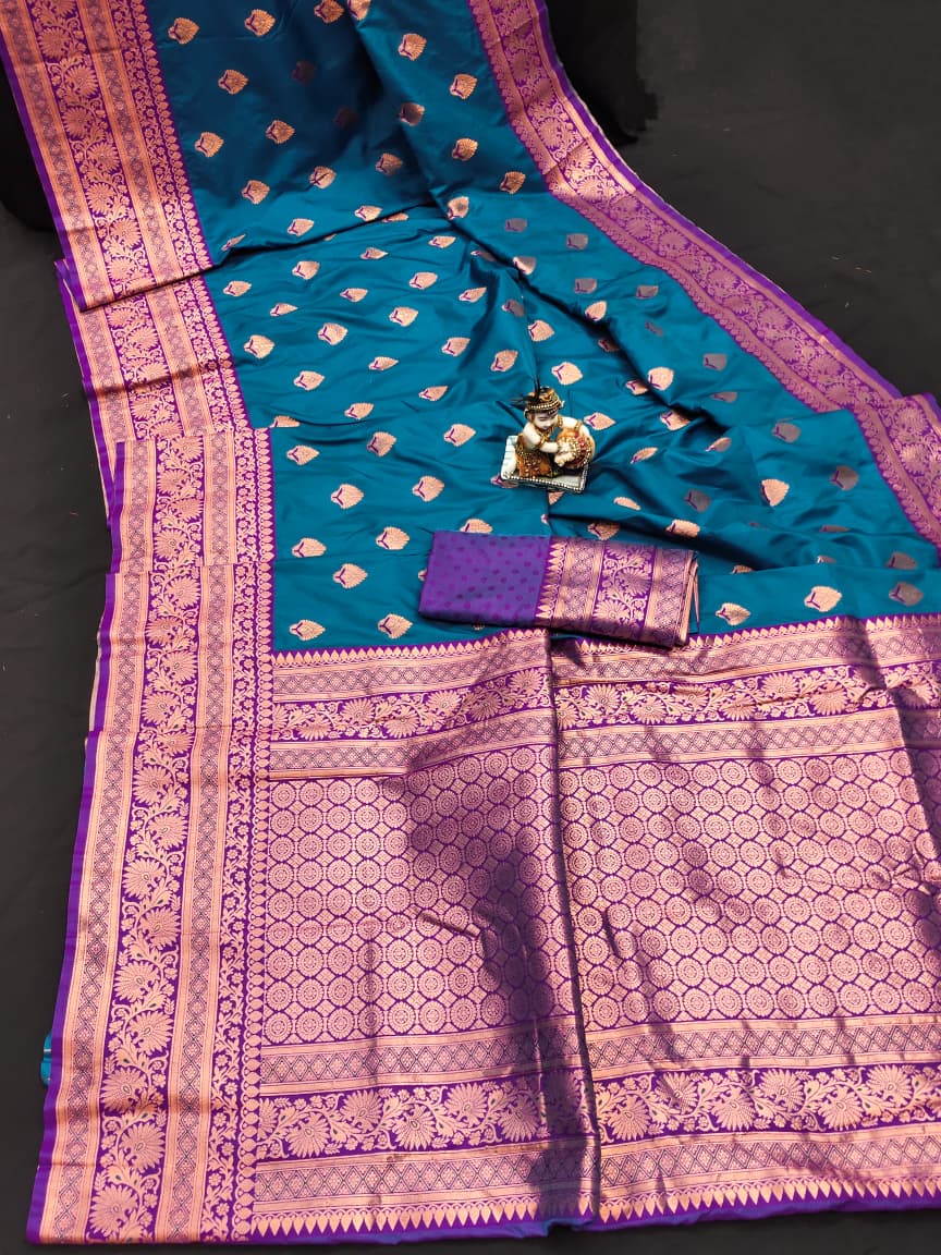 Teal color banarasi silk saree for women online shopping