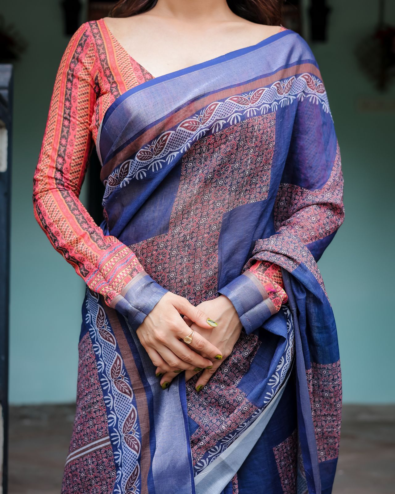 Blue color linen printed saree with blouse images