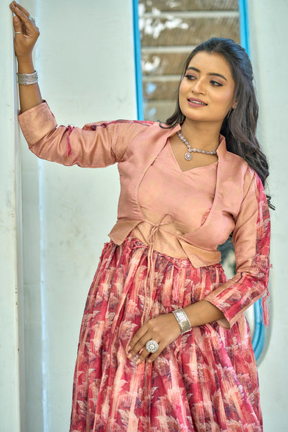 Peach color soft silk long gown with koti price