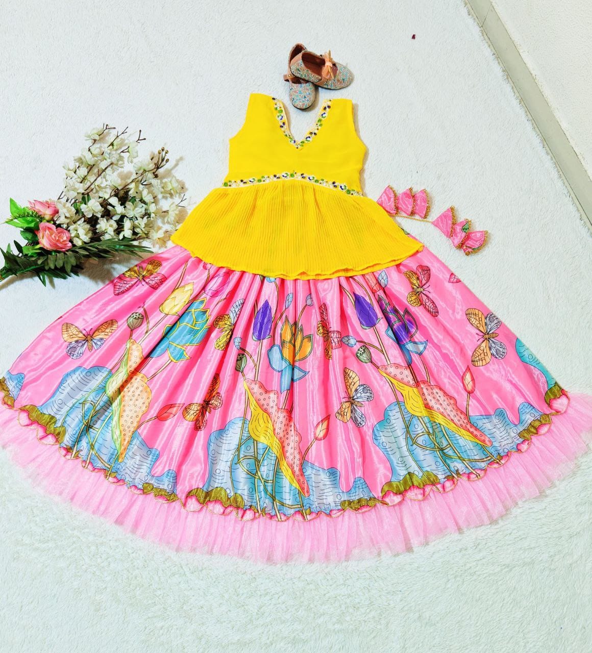 Pink color georgette lehenga with top for small girls design
