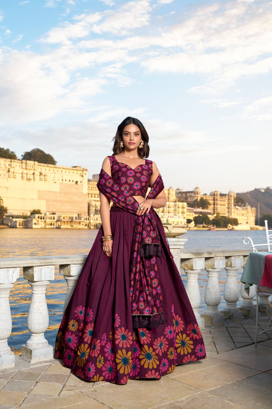 Wine tussar silk patola printed lehenga choli price
