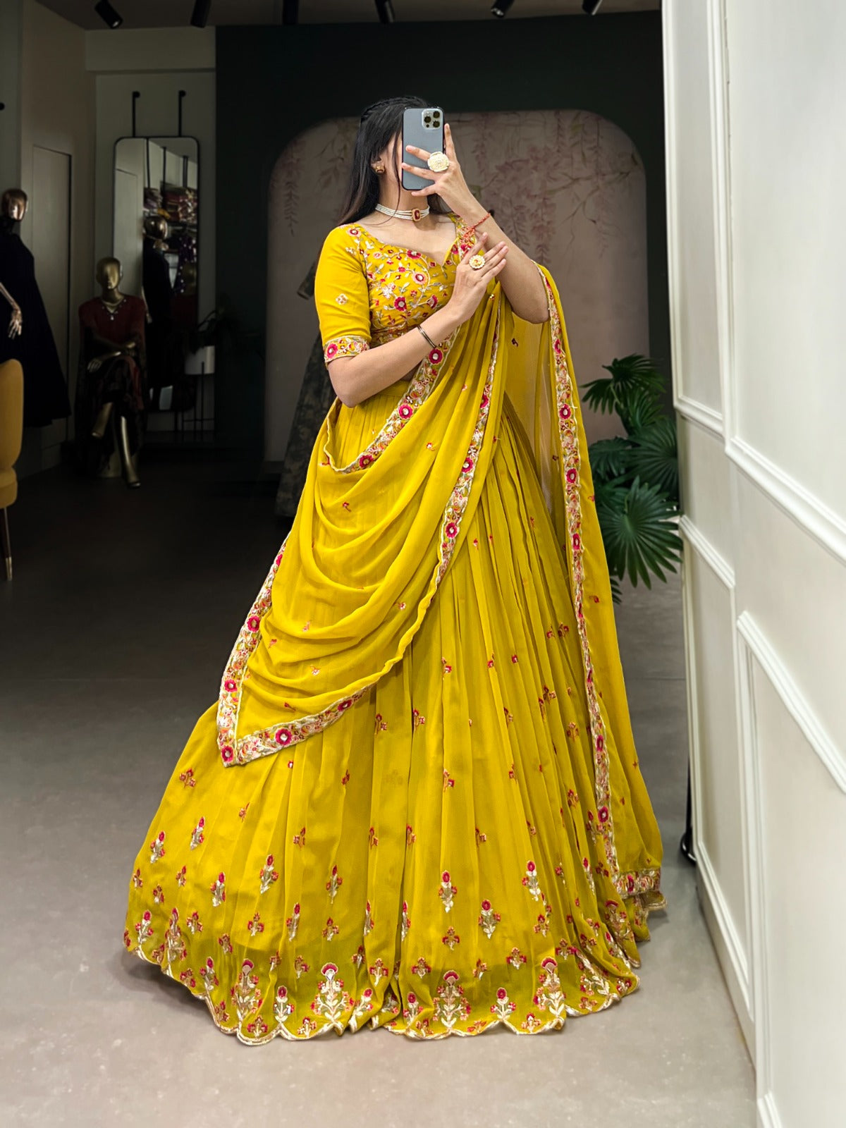 Mustard color georgette lehenga choli with dupatta price