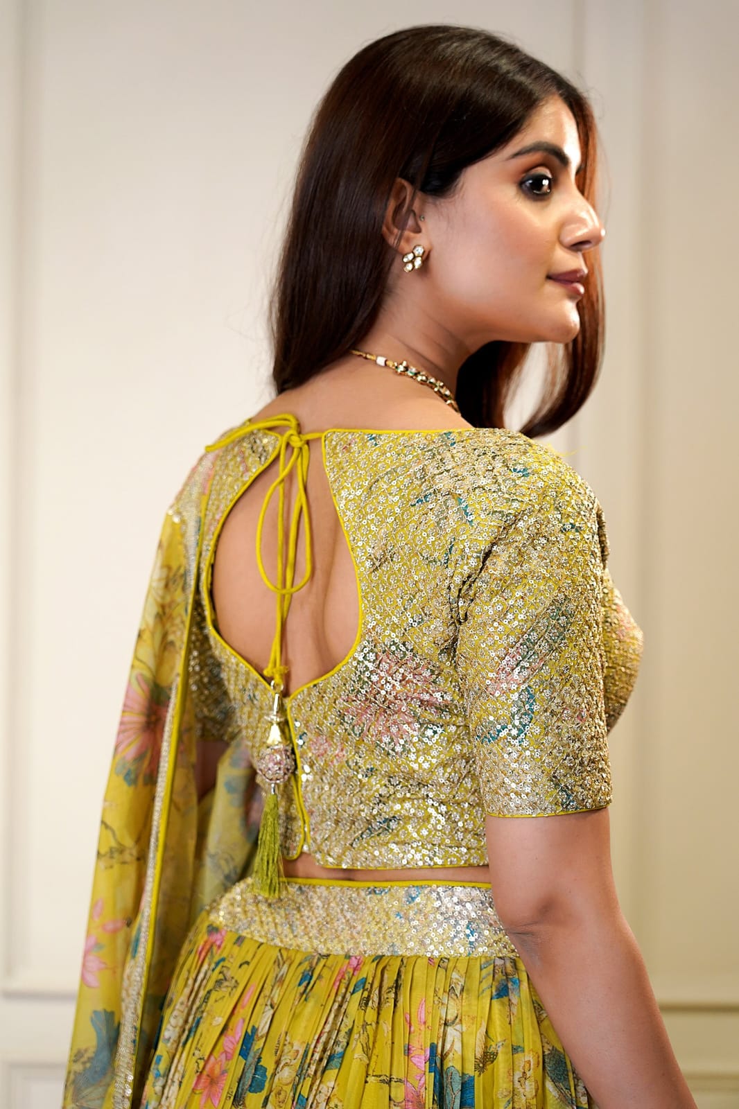 Yellow color organza stitched lehenga choli for women