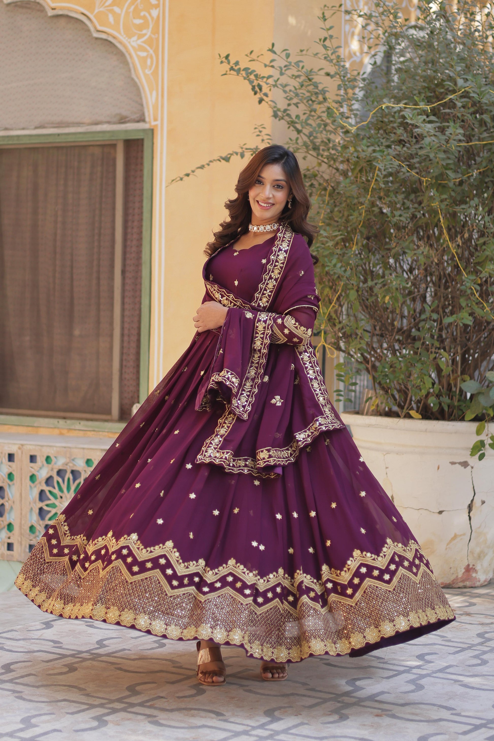 Wine color faux blooming long gown design