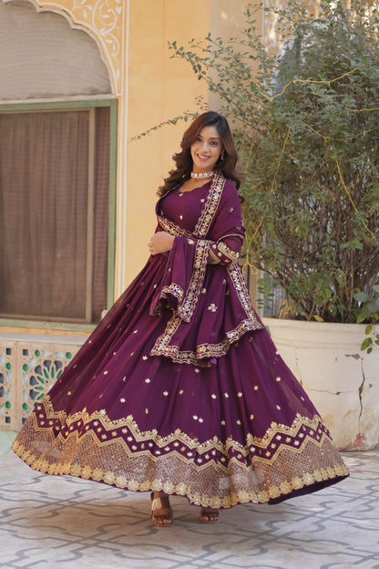 Wine color faux blooming long gown design