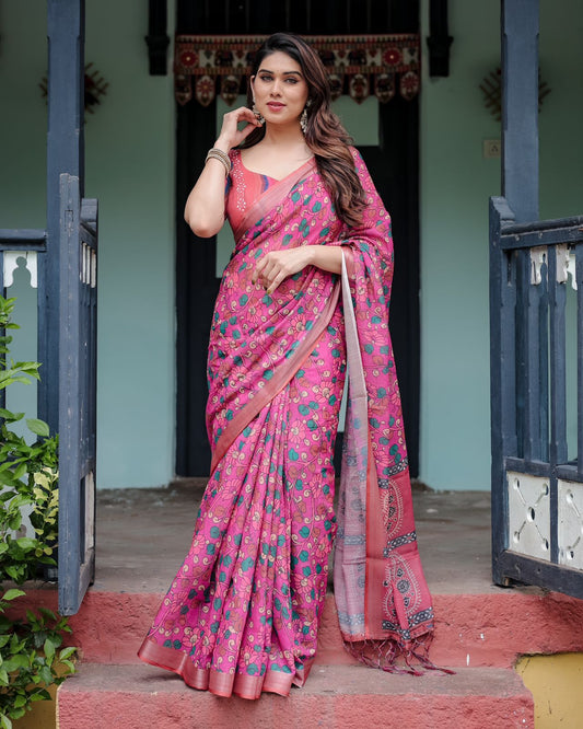 Pink color linen printed saree for women