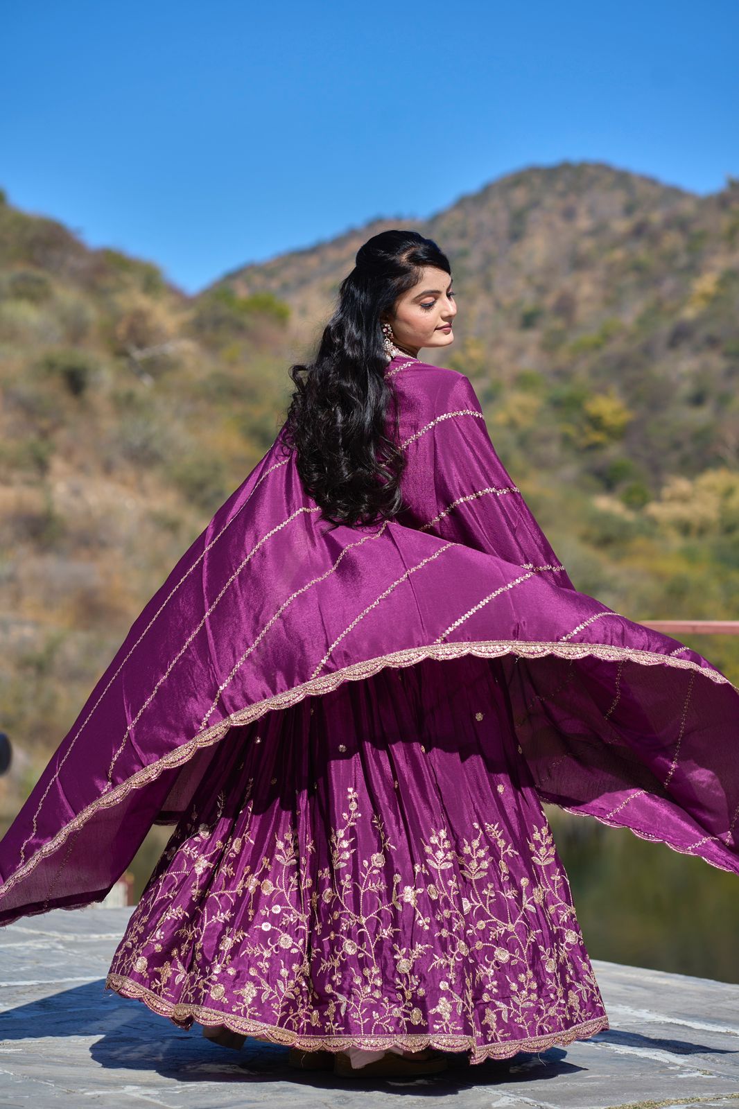 Wine color chinon lehenga choli price