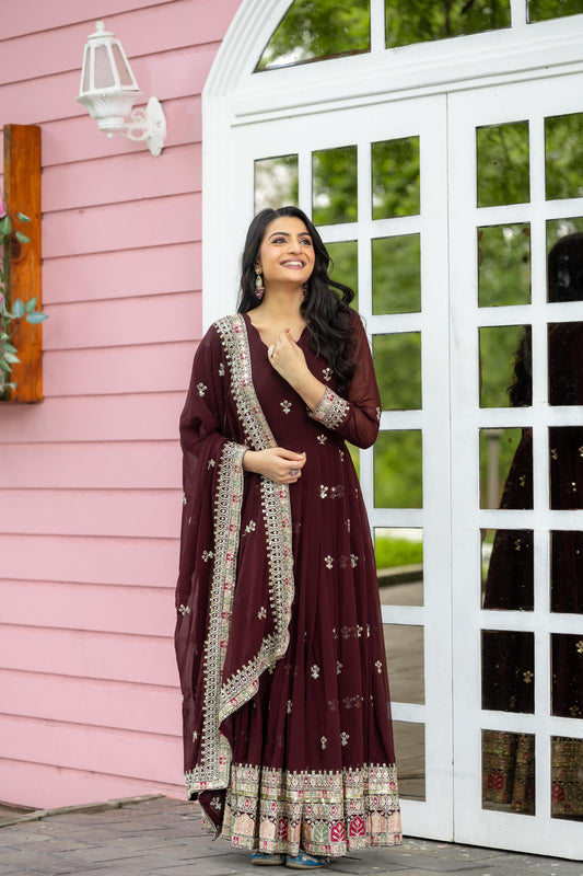 Maroon color georgette long gown for women