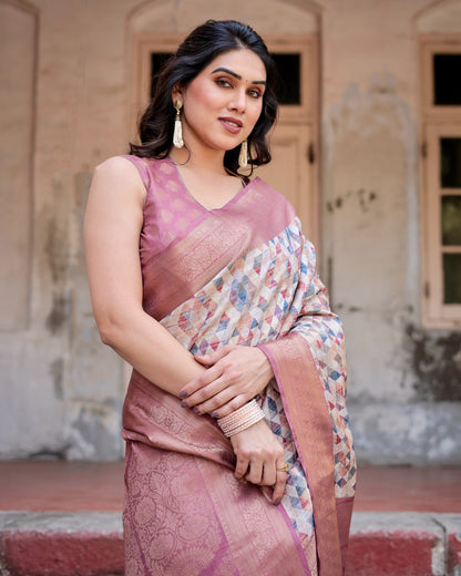 Rose pink color banarasi silk saree with blouse images