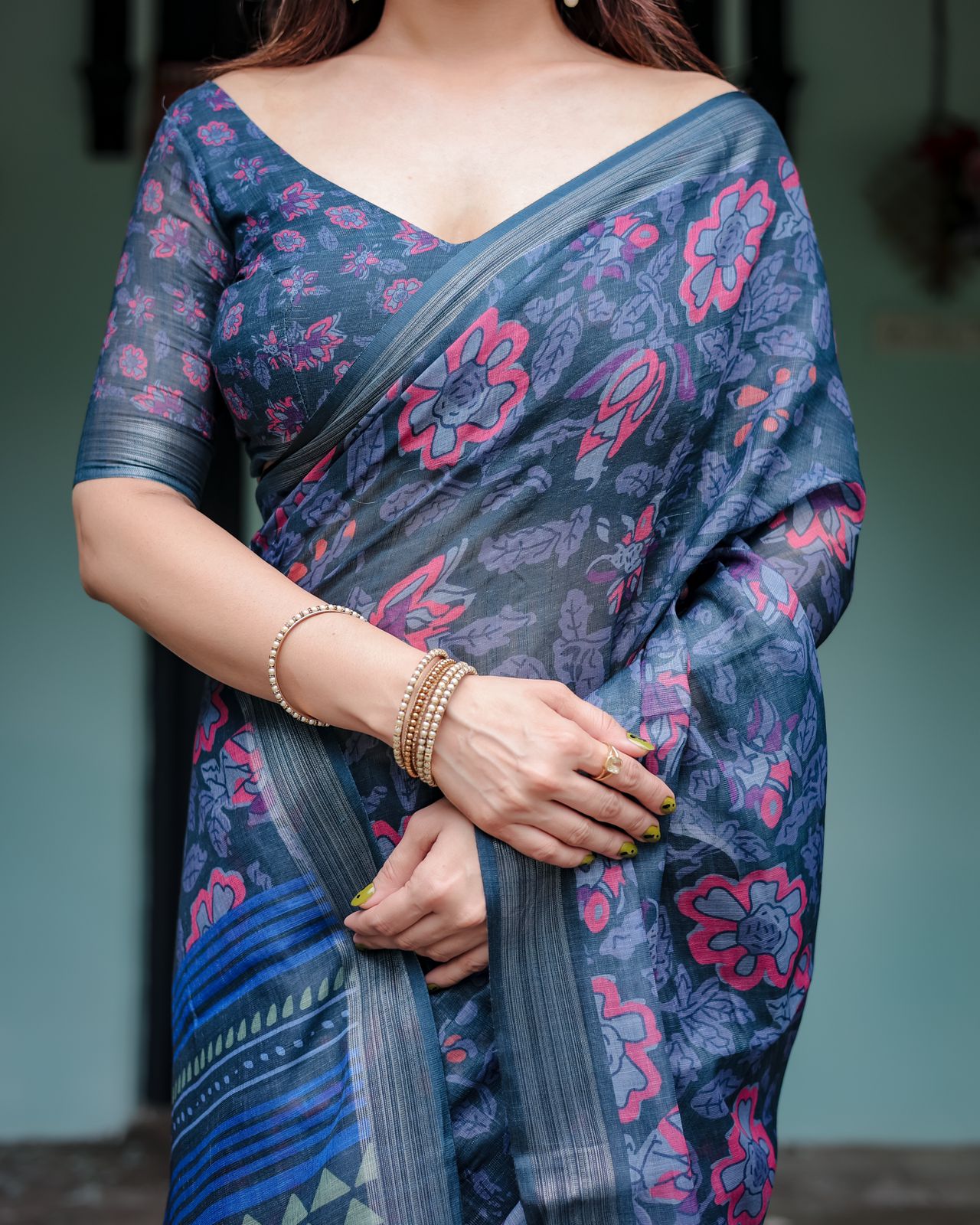 Navy blue color linen printed saree with blouse price