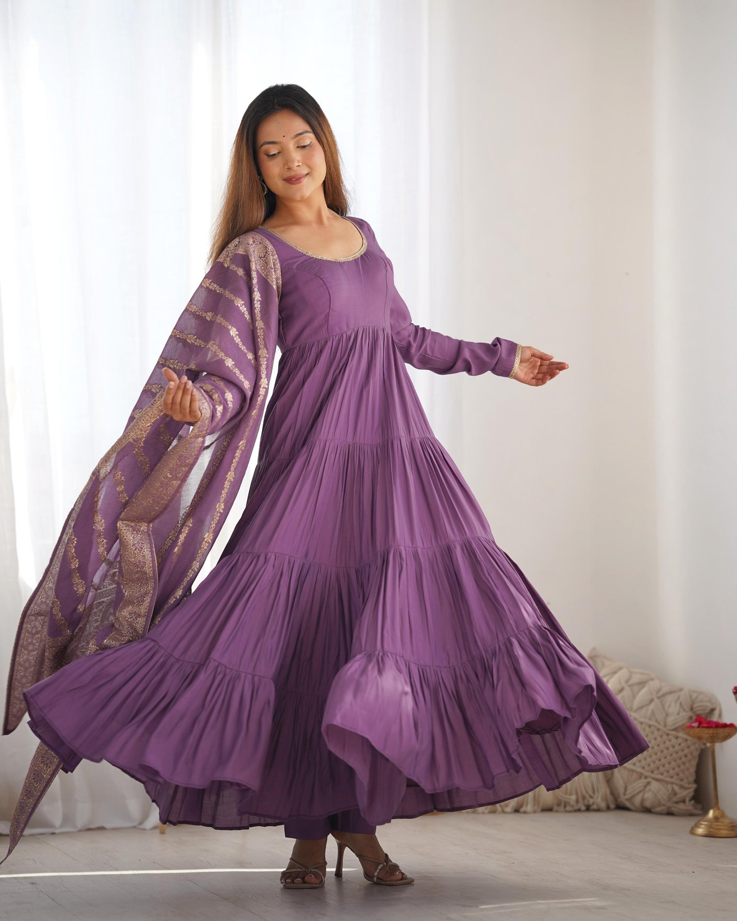 Mauve Purple color roman silk chanderi long gown with dupatta