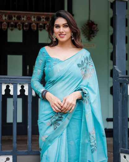 Sky color linen printed saree with blouse online shopping
