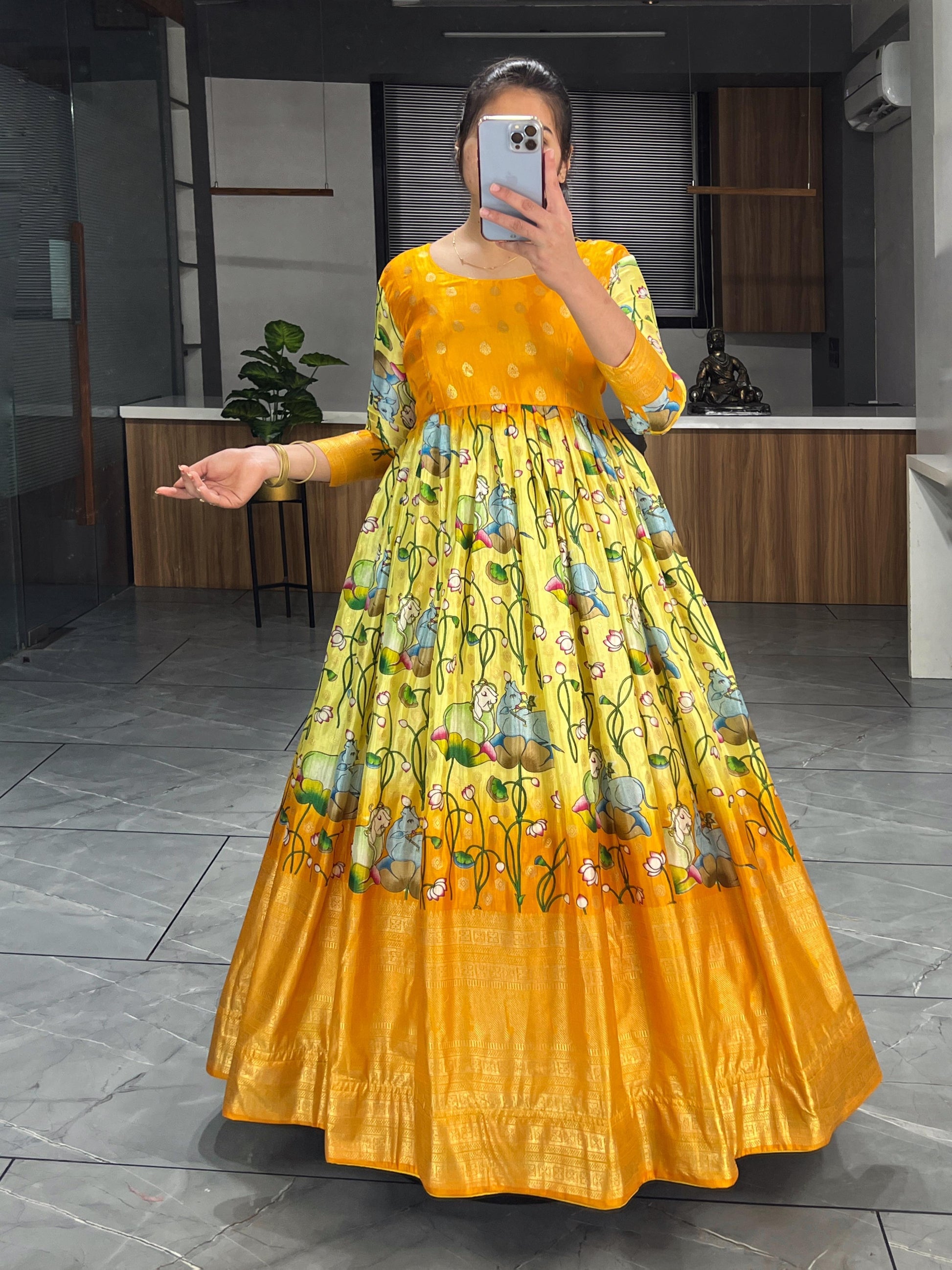 kalamkari designer dresses Bollywood Style Dola Silk Kalamkari Printed Gown For Party XL / Orange
