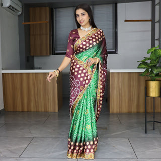 Green japan satin floral printed saree for women