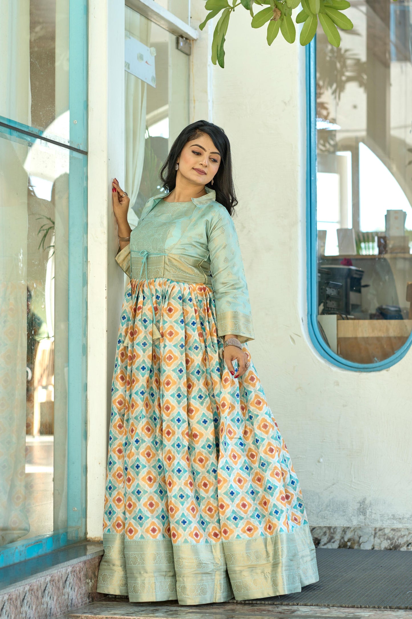 Firozi color soft silk long gown with koti online