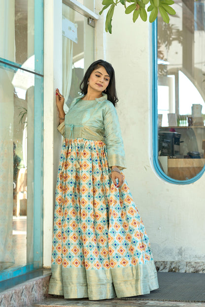 Firozi color soft silk long gown with koti online