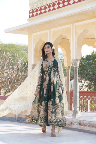 Green russian silk printed gown with dupatta images
