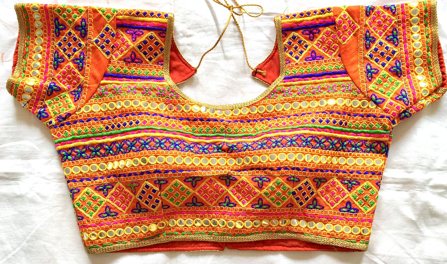 Orange color Silk mirror work blouse online shopping