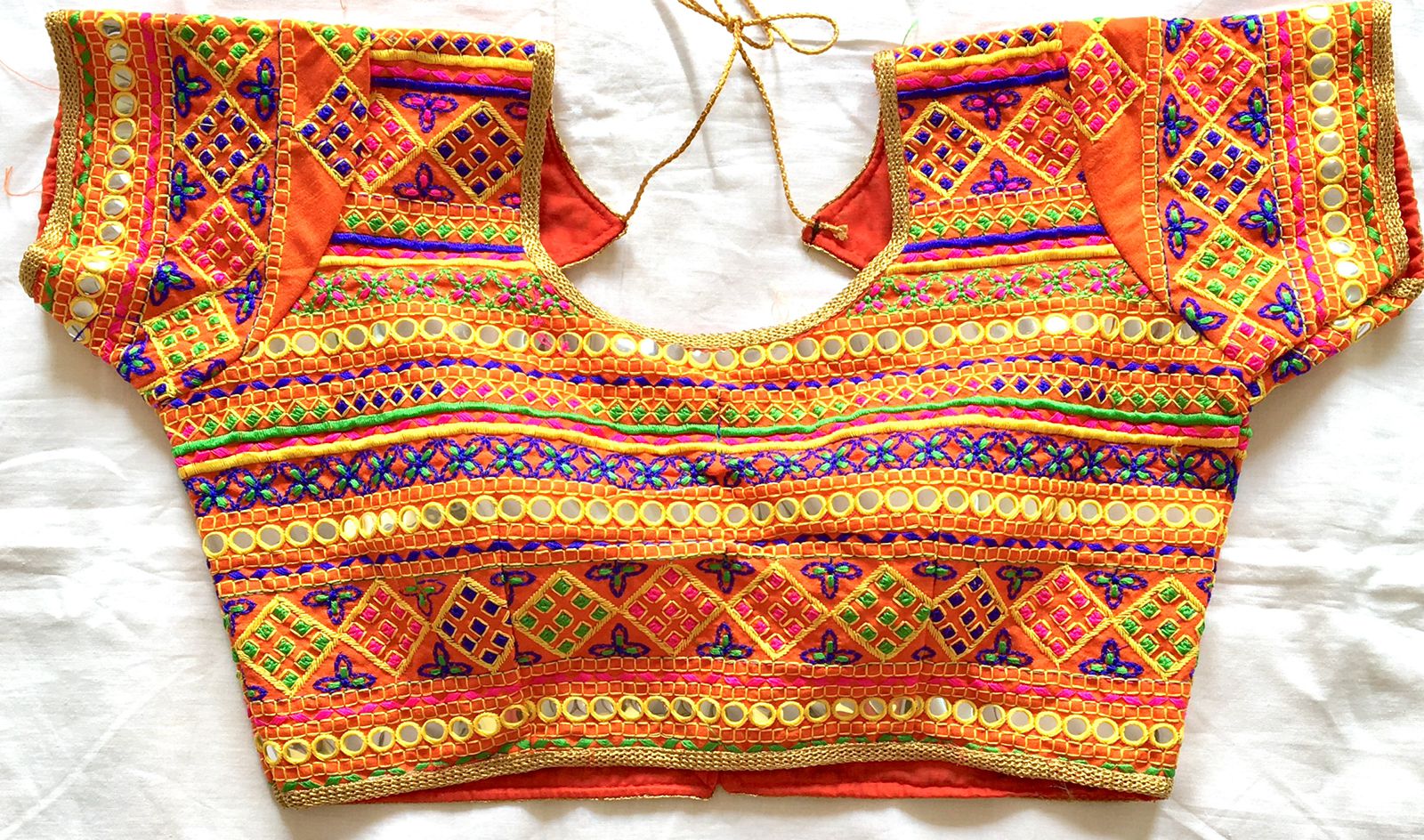 Orange color Silk mirror work blouse online shopping