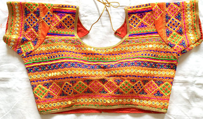 Orange color Silk mirror work blouse online shopping