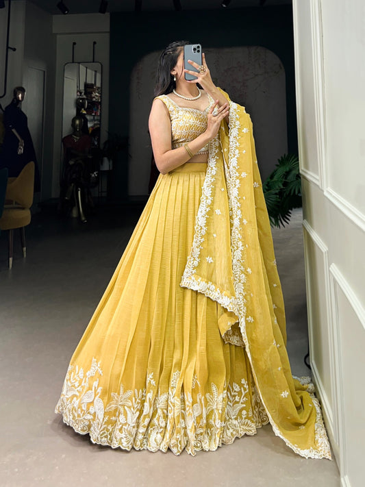 Yellow color gold crush lehenga choli for wedding