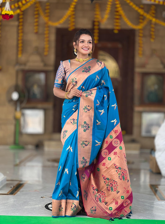 Rama color paithani silk saree for women online
