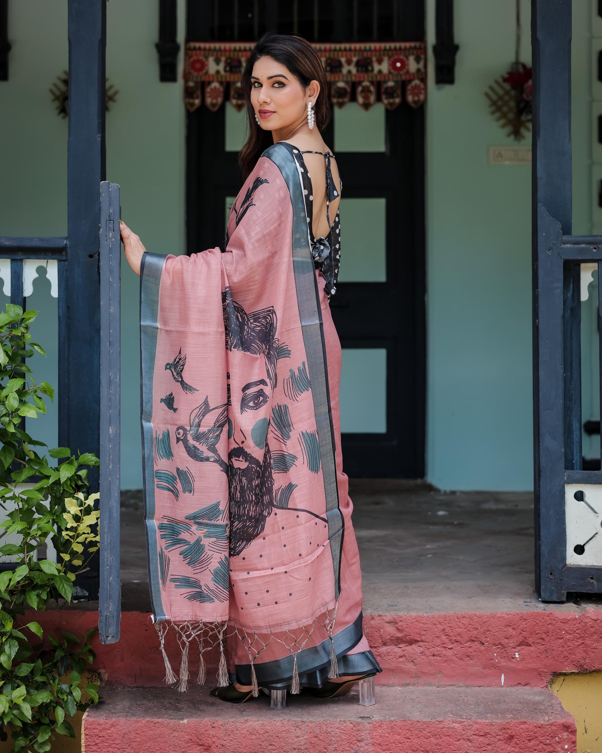 Pink color linen printed saree with blouse 