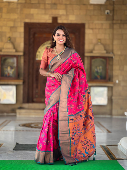 Pink Banarasi Saree Contrast Blouse
