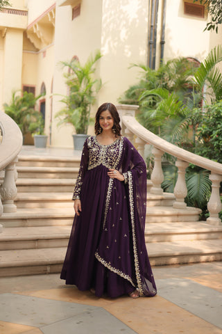 Wine heavy work gown with dupatta