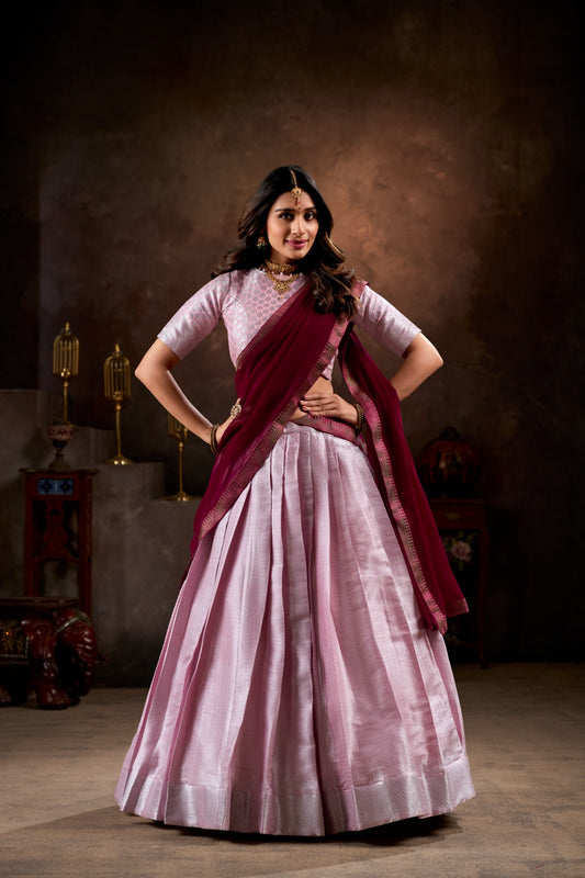 Light pink jacquard silk lehenga choli for women online
