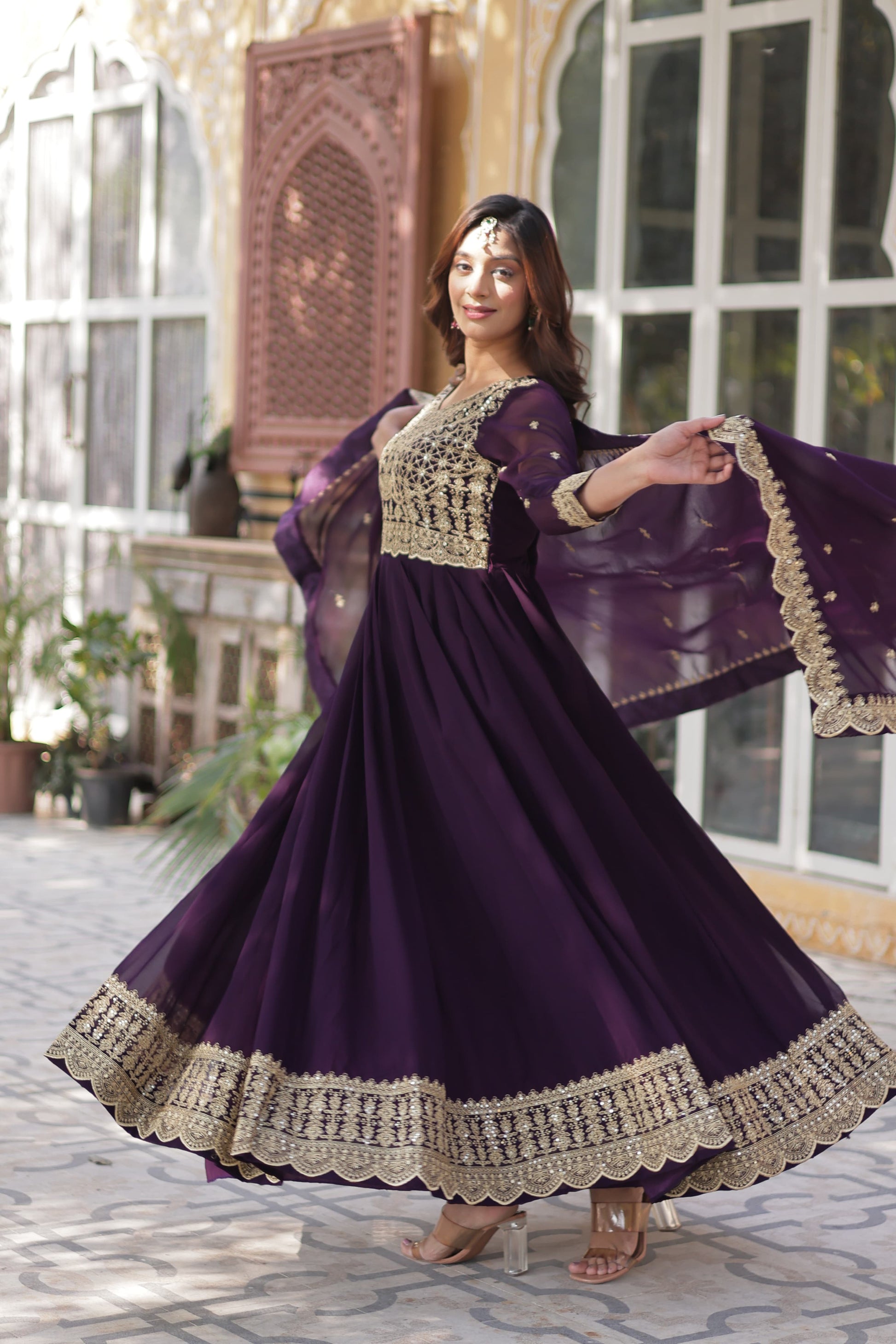 Purple color faux blooming weaving long gown online