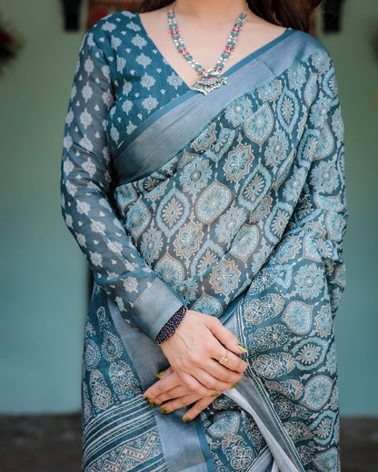 Teal blue color linen saree with blouse images