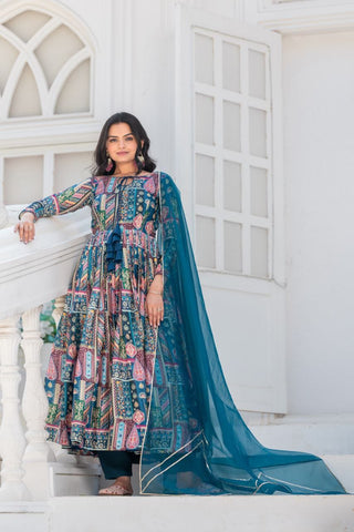 Teal blue color georgette long gown with dupatta images