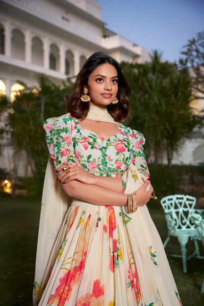 Cream color georgette lehenga choli with dupatta images