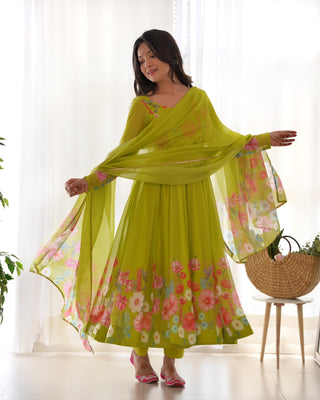 Green color floral design gown for women