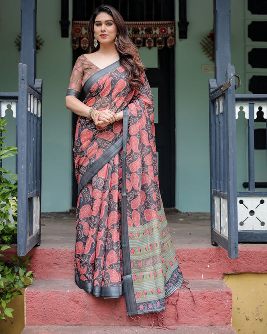 Grey color linen saree for women