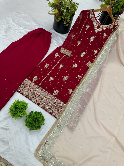 Red color georgette plazzo suit with dupatta design