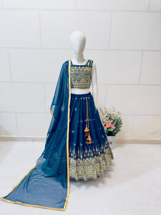 Teal blue color georgette lehenga choli for small girls online
