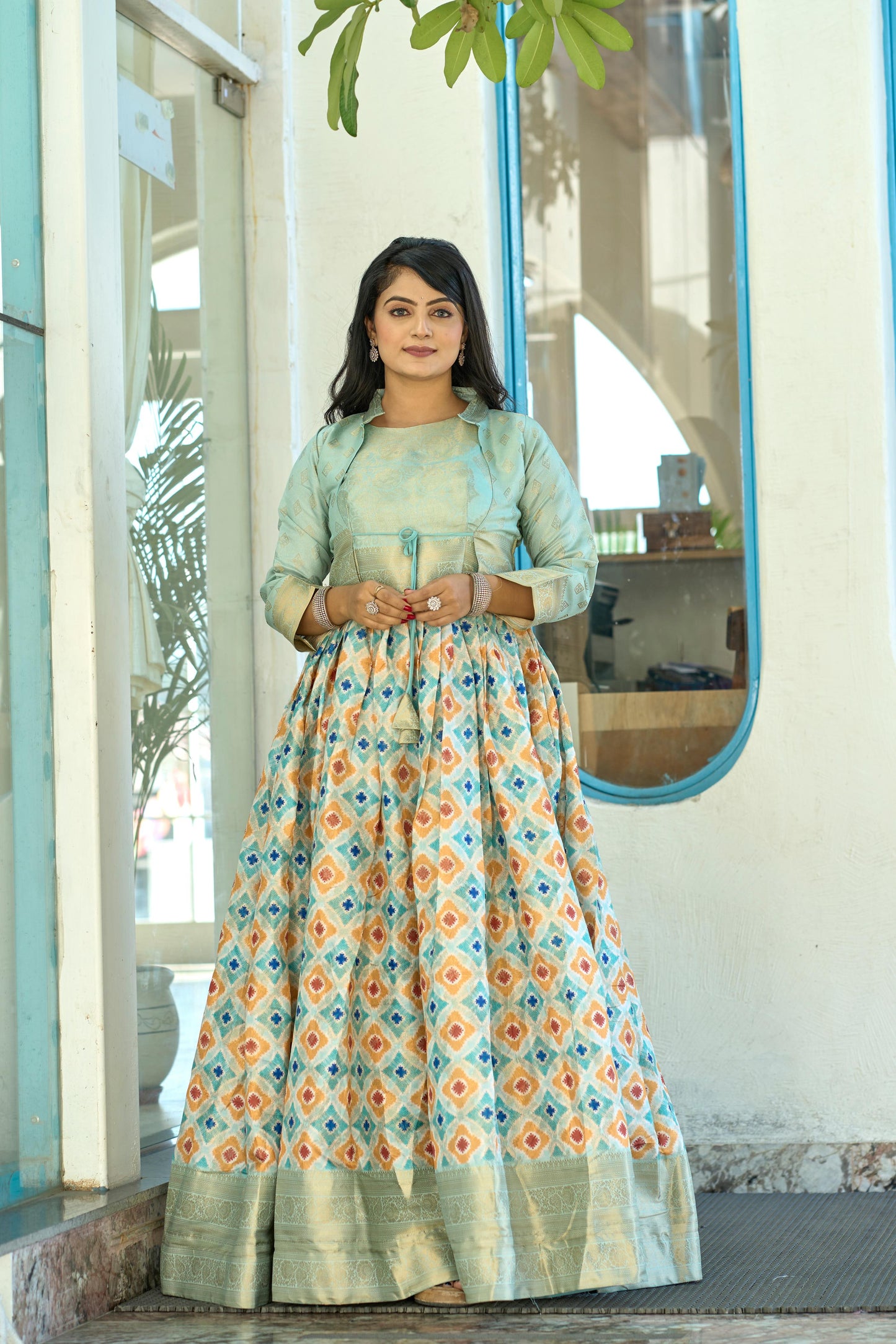 Fantastic Firozi Color Soft Silk Printed Designer Gown With Koti