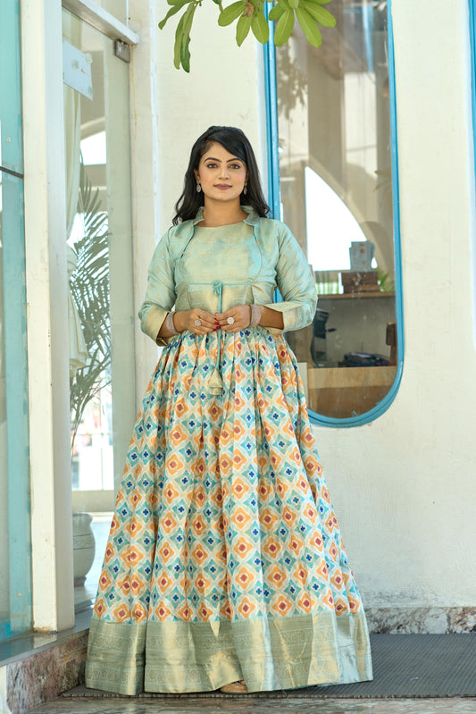 Fantastic Firozi Color Soft Silk Printed Designer Gown With Koti