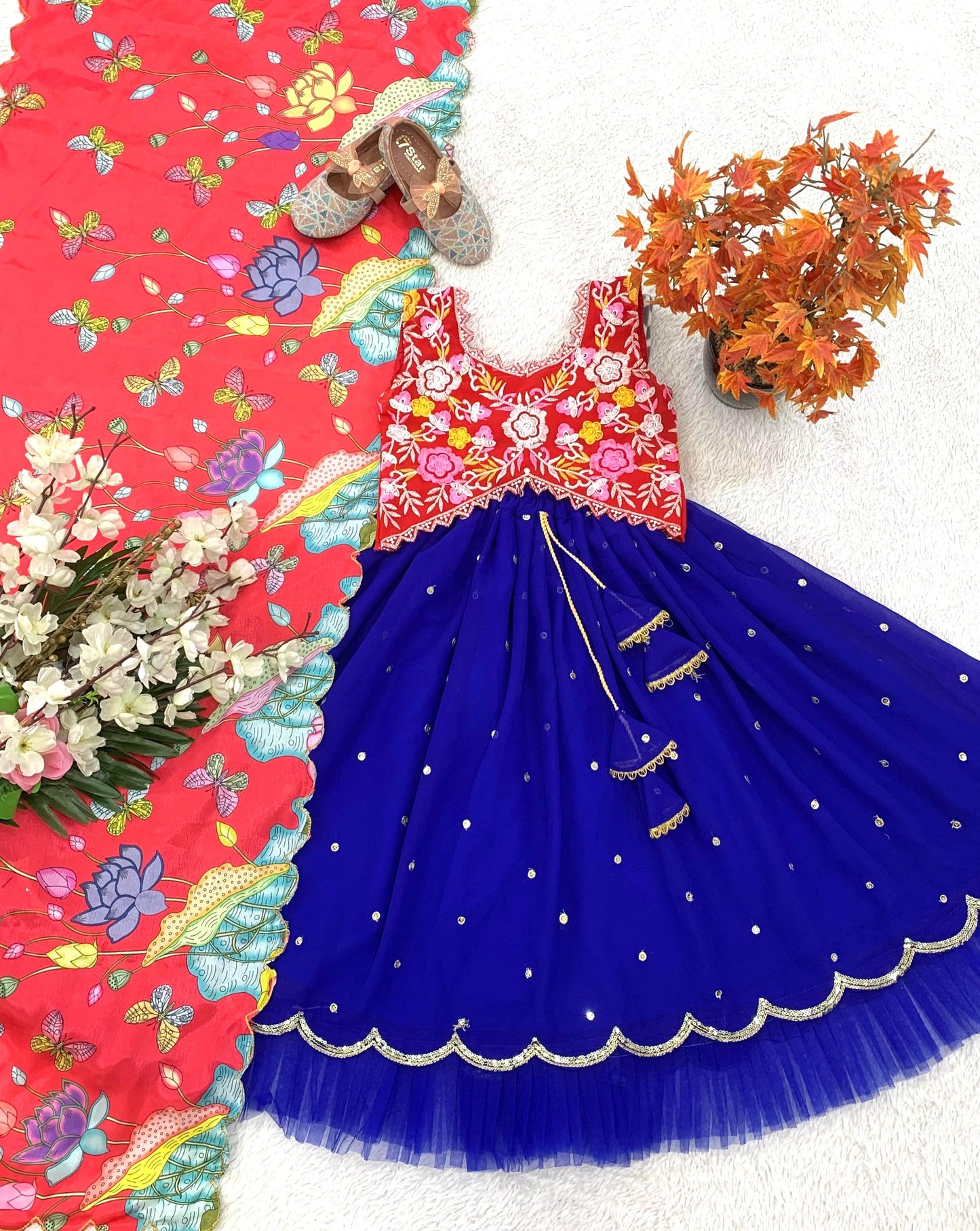 Blue color georgette lehenga choli for small girls 
