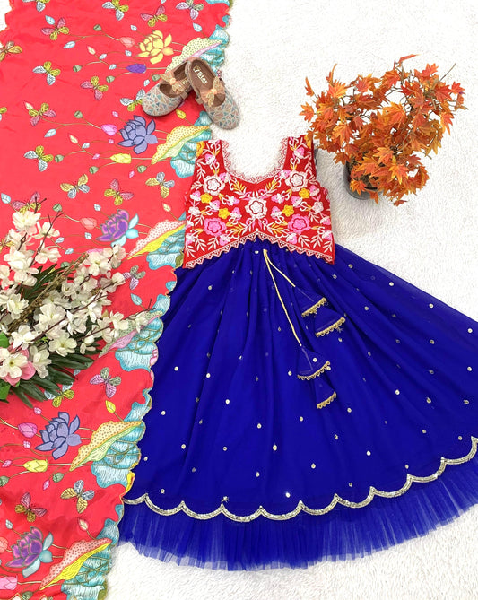 Blue color georgette lehenga choli for small girls 

