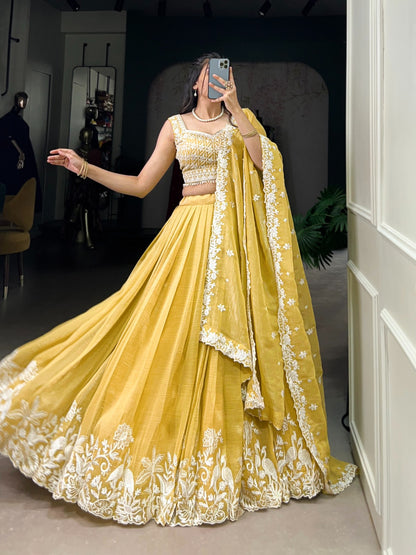 Yellow color gold crush lehenga choli for wedding